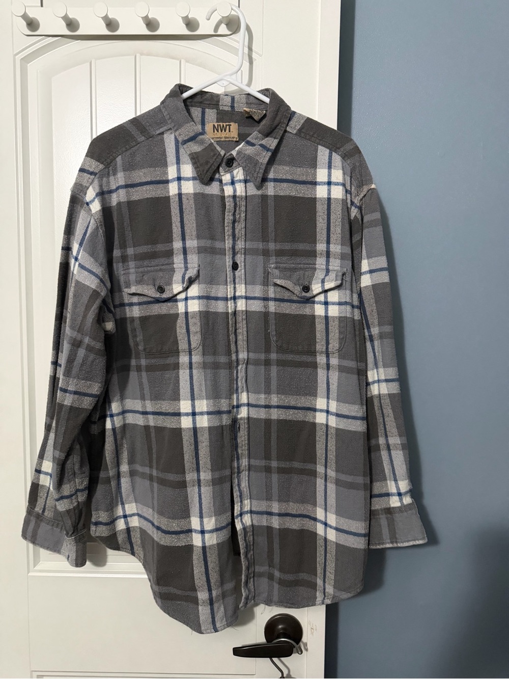 Northwest Territory Gray Plaid Button-Up Shirt with Blue Stripes